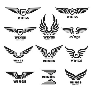 Wings logo set. Modern wing emblems, aviation labels. Abstract minimal army heraldry symbols, isolated black eagle or falcon tidy graphic vector elements