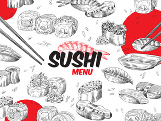 Vector cover for restaurant menu with traditional japanese food sushi and rolls.