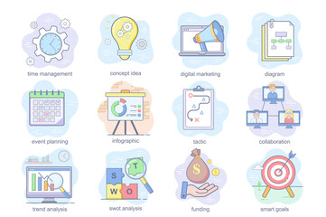 Business planning concept flat icons set. Bundle of time management, digital marketing, event planning, tactic, collaboration, funding and other. Vector conceptual pack color symbols for mobile app