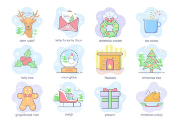 Christmas holiday concept flat icons set. Bundle of letter to Santa Claus, holly tree, snow globe, gingerbread man, festive decor and other. Vector conceptual pack color symbols for mobile app
