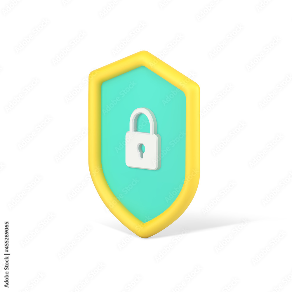 Poster web padlock on shield 3d icon. safe and protection of users personal data