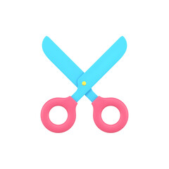 Stationery scissors 3d icon. Sharp tool with red handles for cutting paper and fabric