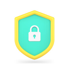 Security lock on shield 3d icon. Online safe and protection of users personal data