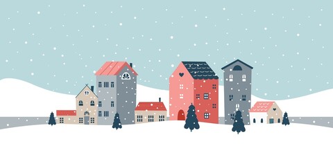 Minimal winter landscape. Flat snowy christmas scene, holiday background with tiny houses. Snow field, cute scandinavian style classy vector panorama
