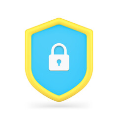 Closed lock on shield 3d icon. Antivirus and protection of users personal data