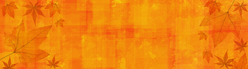 Autumn background banner panorama long - Autumnal fallen leaves on abstract orange yellow watercolor brushes painted paper texture
