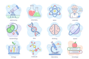 Science concept flat icons set. Bundle of astronomy, chemistry, atom, scientist, bacteriology, thinking, biology, laboratory, knowledge and other. Vector conceptual pack color symbols for mobile app