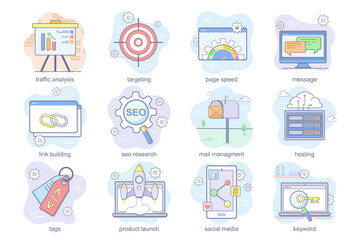 Seo optimization concept flat icons set. Bundle of traffic analysis, targeting, page speed, message, link building, mail management, tags and other. Vector conceptual pack color symbols for mobile app