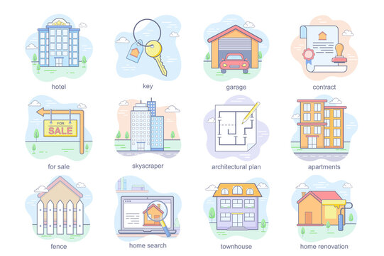 Real estate concept flat icons set. Bundle of hotel, key, garage, contract, skyscraper, architectural plan, apartments, home search and other. Vector conceptual pack color symbols for mobile app