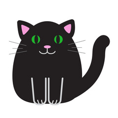 Funny cartoon cat, cute vector illustration in flat style. Black cat with big green eyes. Smiling fat kitten. Positive print for sticker, cards, clothes, textile, design and decor