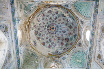 Interior of Sheikh Kulal Mausoleum. Interior decoration of dome is made in traditional style with...