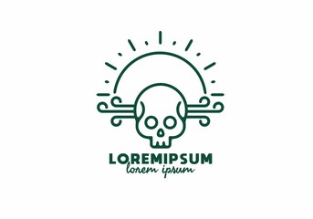 Skull head and sun line art with lorem ipsum text