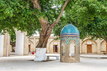 Ablution station of Kok Gumbaz mosque in Shakhrisabz, Uzbekistan. Small tower copies dome of mosque itself. Traditional old plane tree grows nearby