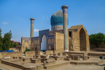 Panorama of Gur-e-Amir, mausoleum of Timur (Tamerlane), Samarkand, Uzbekistan. Remains of ancient...