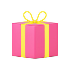 Red surprise gift 3d icon. Volumetric box with yellow ribbons and bow on lid