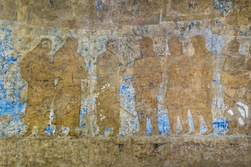 Central Asian fresco of the 7th-8th centuries from the Ishhid palace. Depicted are court warriors...