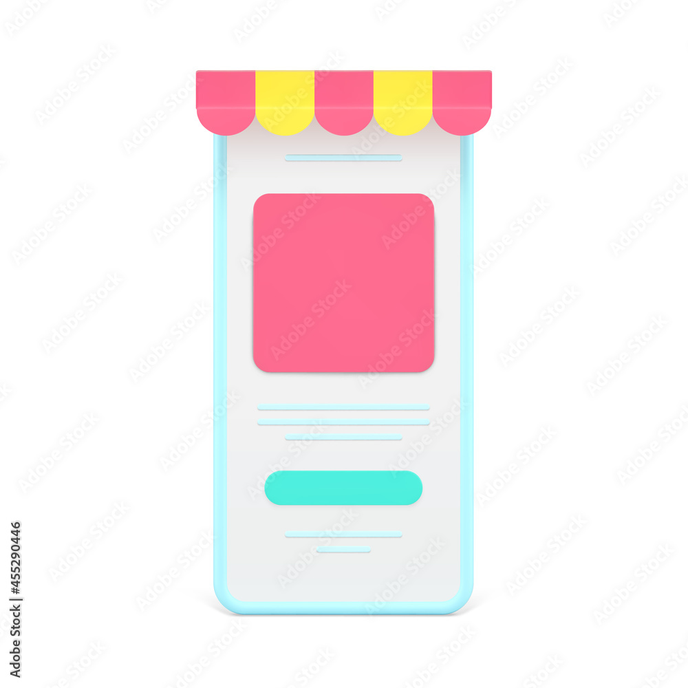 Aufkleber online store in mobile application 3d icon. smartphones with colored awnings and web menu