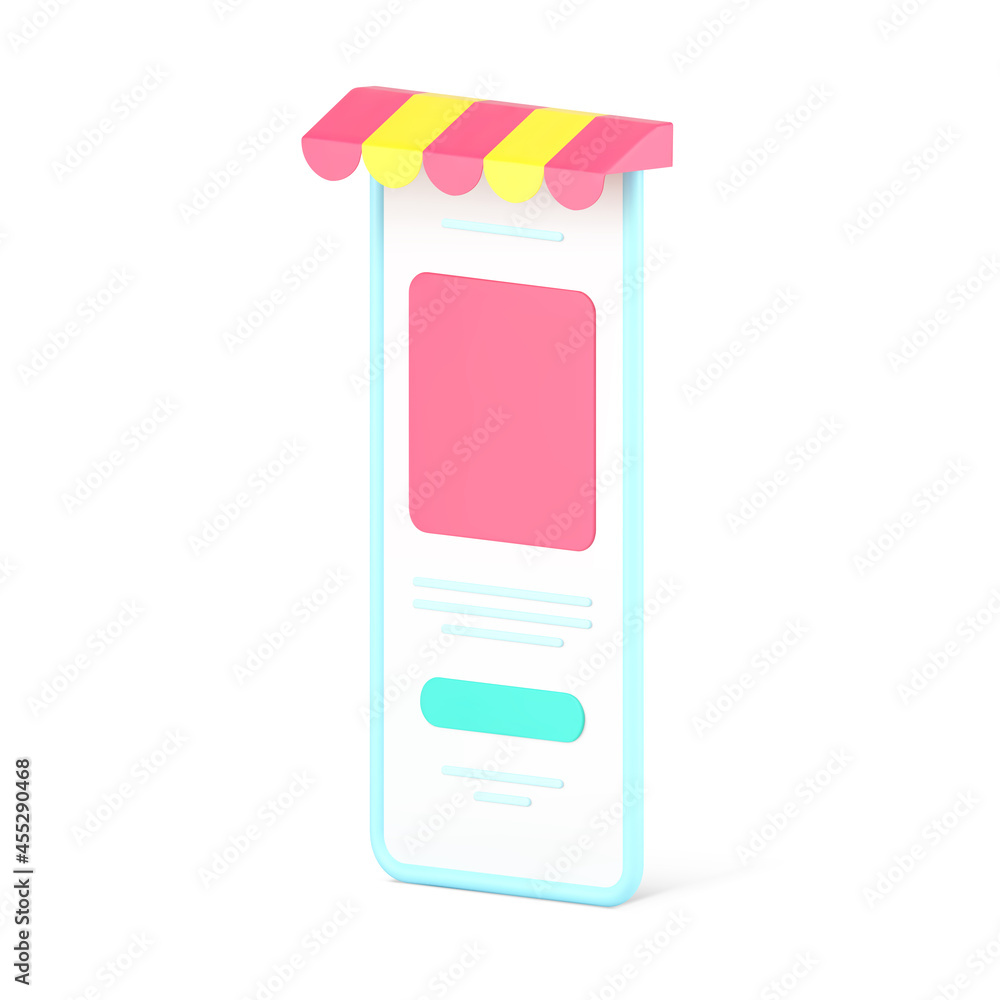 Poster web store in smartphone application 3d icon. digital gadget with colored canopy and web menu