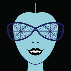 Vector Portrait of a beautiful and terrible female vampire witch with blue skin, fangs and glasses with a spider web close-up. Concept-celebrating Halloween