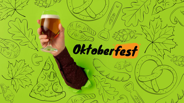 Contemporary art collage with hand holding beer glass with light, lager cold foamy beer. Concept of festival, national traditions, taste, drinks and holidays, octoberfest