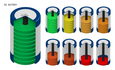 Isometric battery with charge level. Energy storage in energy efficient recyclable battery. Realistic 3D vector isolated on white background