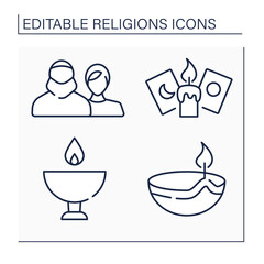 Religious line icons set.Main religious symbols. Hinduism skull cup.Candle and cards for spiritualistic session, Muslim believers. Philosophical concept. Isolated vector illustrations. Editable stroke