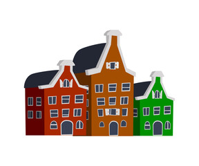 Cute colorful facades of old dutch buildings at amsterdam city streets