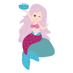 Cute mermaid with beautiful hair. Vector, cartoon style.