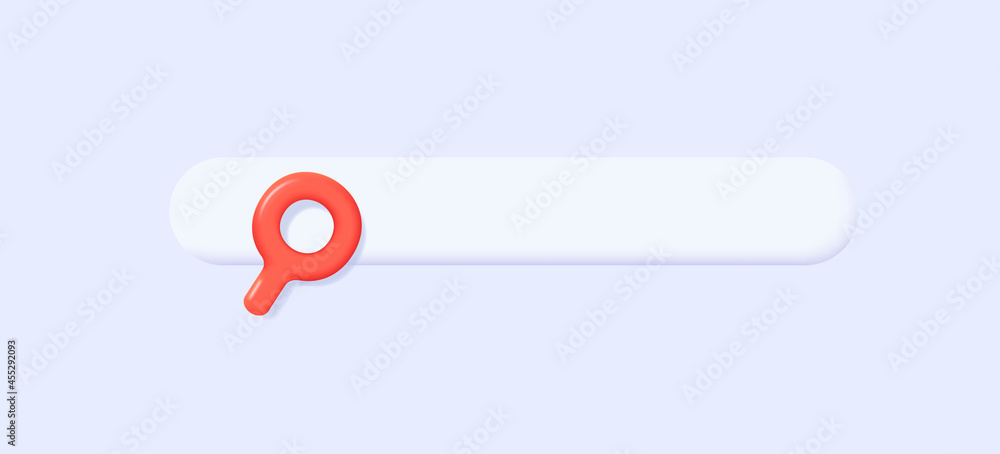Poster 3d ixon of search field bar with red magnifying glass, modern rounded shapes, 3d render effect