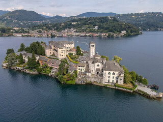 Drone view at San Giulio island on lake of Orta, Italy