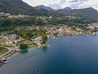 Fototapeta na wymiar Drone view at the village of Pella on Orta lake, Italy