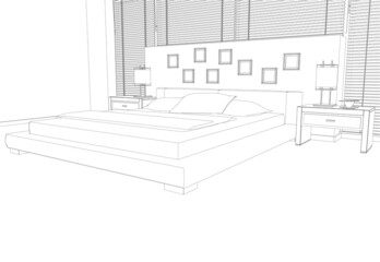 Fototapeta premium Contour of a bedroom from black lines isolated on a white background. Perspective view. Vector illustration