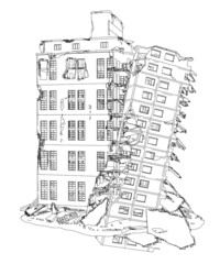 Contour of a destroyed building from black lines isolated on a white background. Vector illustration