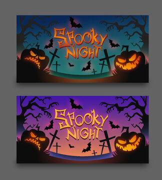 Hand drawn Halloween horizontal banners set. Halloween poster. Spooky night illustration