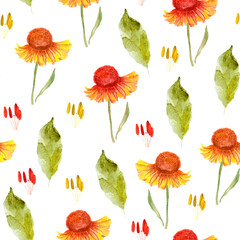 Bright autumn flowers watercolor seamless pattern. Template for decorating designs and illustrations.

