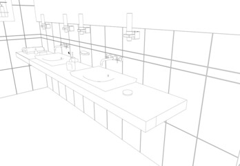 Fototapeta premium Contour of a room with sinks from black lines isolated on a white background. Washbasins with accessories. Vector illustration