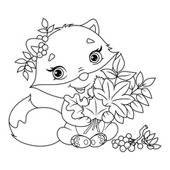 Cute fox with bouquet of autumn leaves coloring page. Outline cartoon vector illustration