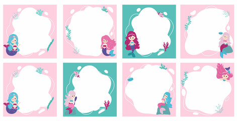 Little mermaids. Vector frames in the form of spot in cartoon style.