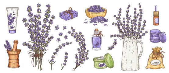 Aromatic and cosmetic products with lavender set, vector illustration isolated.
