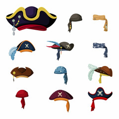 Colorful corsair and pirate hats set. Vintage headscarves and retro elaborate headwear with feathers symbols of captain and sailor traditional outfit of sea robbers and raiders. Vector cartoon.