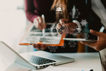 Team business,person working using digital tablet with marketing virtual icon. 