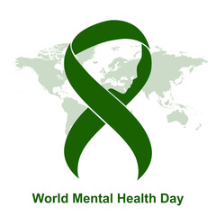 Mental Health Awareness Month vector illustration with green ribbon. Green ribbon. Symbol of adrenal cancer, glaucoma, mental health awareness