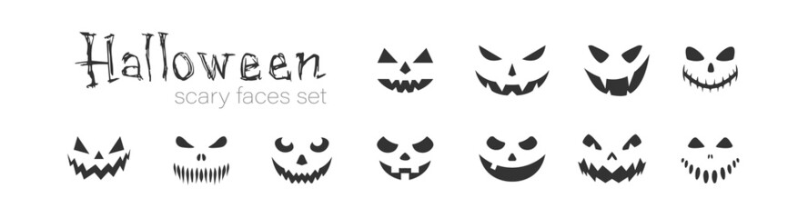 Scary faces set icons. Halloween pumpkins face silhouettes. Vector flat