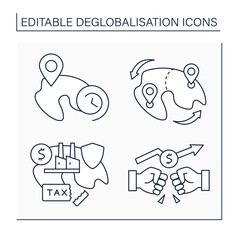 Deglobalisation line icons set. Trade war, localized future, land redistribution, protectionism. World economy concept. Isolated vector illustrations. Editable stroke