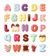 Alphabet fro sweet pastries set. Colorful canddy font made from baked goods donuts with cream desert for kids decorative cakes letters numbers Vector cartoon delicious