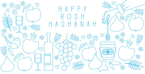 Jewish new year, rosh hashanah, greeting card banner with traditional icons. Happy New Year, Shana Tova in Hebrew. Apple, honey, flowers and leaves, Jewish New Year symbols and icons