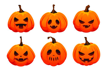 Halloween pumpkin icon set. Fantasy characters for holiday banner or card decoration. Spooky vegetables with creepy face. Fabulous or fictional elements. Trick or treat.