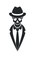 Mister skeleton graphic icon. Human skull in hat, suit and tie sign isolated on white background. Vector illustration