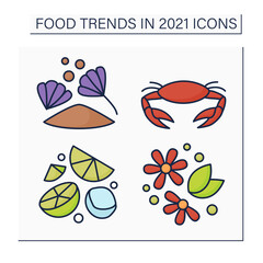 Food trends color icons set. Trendy dishes. Herbal tea, chicory drink, hard seltzer, seafood boils. New recipes concept. Isolated vector illustrations