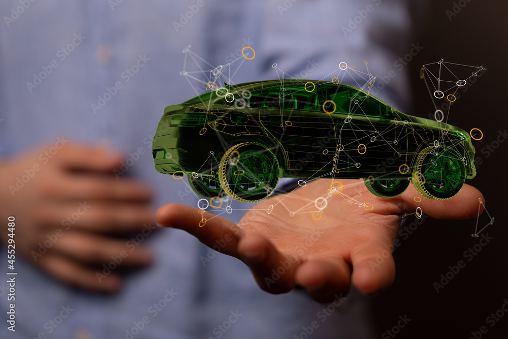 Poster autonomous car with hud graphic of navigation system driving